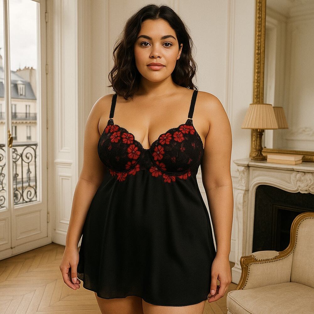 Victoria’s Secret Lace Embroidered Chiffon Chemise Nighty Black Red Sz 36 B/C